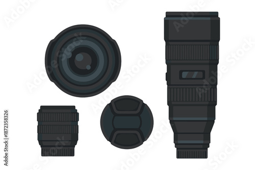Different types of camera lenses on a white background showing their shapes and designs