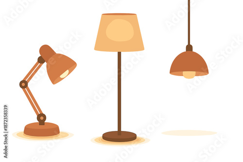 Different types of lamps on a white background showing various designs and styles for home lighting decor