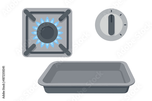 Flames from a gas stove and a baking tray ready for cooking in a kitchen setting during the day
