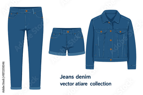 Denim collection featuring blue jeans, shorts, and jacket on a simple background in a clean style