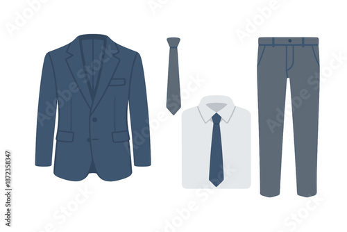 Formal clothing set includes a suit, dress shirt, tie, and trousers suitable for business or formal events in a simple layout