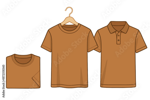 Different styles of brown shirts displayed on a hanger and flat on a surface