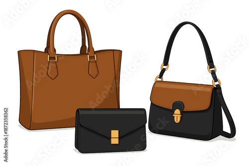 Different types of handbags displayed together on a plain background to show various styles and shapes of bags
