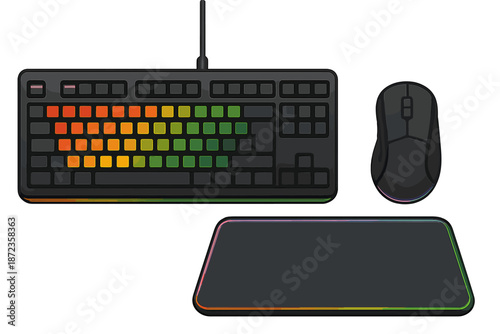 Gaming keyboard and mouse setup on a desk with colorful lights and a mouse pad during daytime
