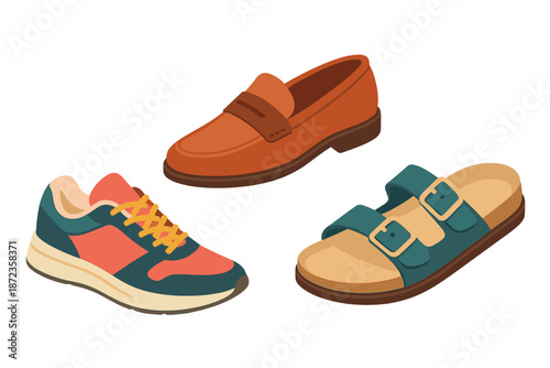 Different types of shoes are shown on a plain background with a focus on design and styles