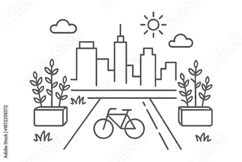 City skyline with bicycle on street under sun with clouds and plants