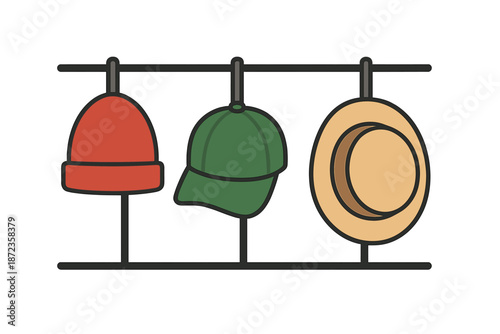 Different types of hats displayed on a rack in a simple setting for shopping or personal use