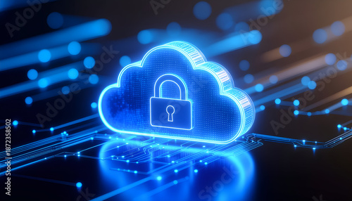 Wallpaper Mural Cloud Data Security: A luminous, ethereal cloud icon, secured by a lock, glows with digital energy against a circuit board backdrop, representing secure data storage and information protection. Torontodigital.ca