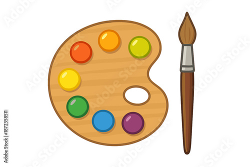 Colorful paint palette and brush set on a simple background for creative projects and artistic activities