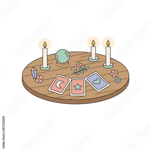 Tarot reading table with cards and crystal ball. Magic divination altar with candles and flowers. Flat vector illustration isolated on transparent background