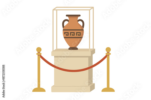Ancient vase displayed in a museum under protective glass with a rope barrier around it