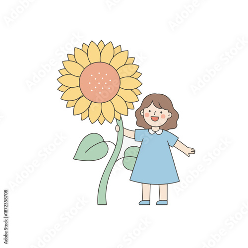 Girl with large sunflower vector illustration. Flat design cartoon character in soft pastel colors. Isolated on transparent background