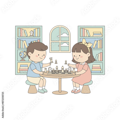 Kids playing chess in a school library. Flat design vector illustration with soft pastel colors. Children learning strategy and logic. Isolated on transparent background