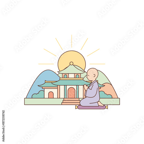 Monk praying at a mountain temple at sunrise. Flat design vector illustration with soft pastel colors. Traditional Asian architecture and meditation concept isolated on transparent background