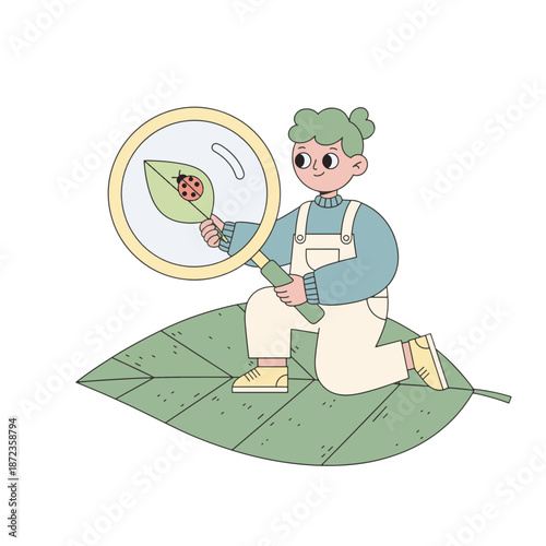 Student using magnifying glass to observe ladybug on a leaf. Flat design vector illustration of nature exploration and science concept. Isolated on transparent background