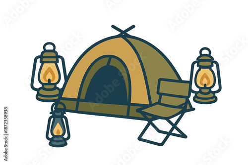 Camping setup with tent and lanterns in outdoor space during evening hours for a fun night under the stars