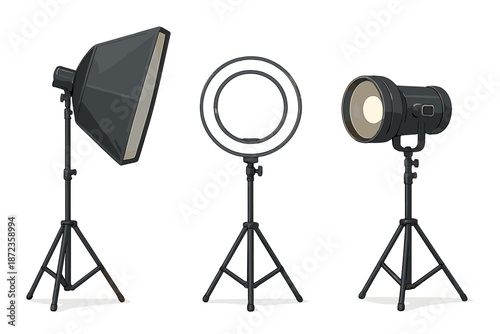 Various studio lights on tripods arranged in a row ready for a photo shoot in a studio space