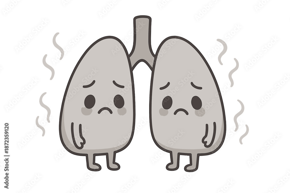 Fototapeta premium Cartoon lungs showing sadness with frowning faces and shaking features representing worries about health and pollution