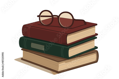 Books are stacked with glasses resting on top in a simple setting suitable for reading or study