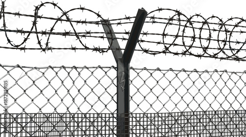 High security chain link fence with razor barbed wire coils, prison border protection, restricted area illustration design