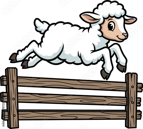 A cute cartoon sheep is jumping over a wooden fence on transparent background