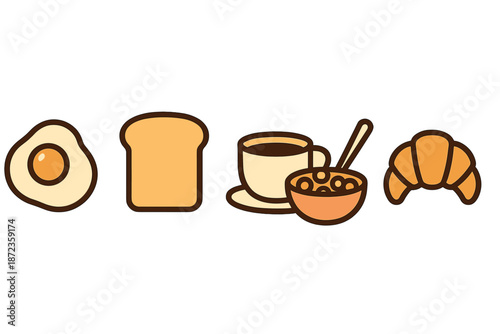 Breakfast items lined up on a table with a cup and bowl in a kitchen setting