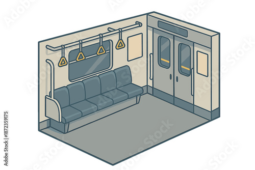 Interior view of a subway train with empty seats and holding straps on a weekday