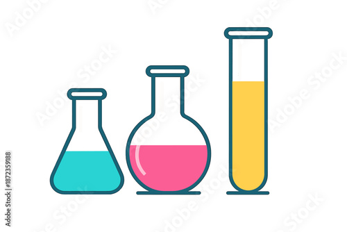 Colorful lab glassware shows three different liquids in a science setting