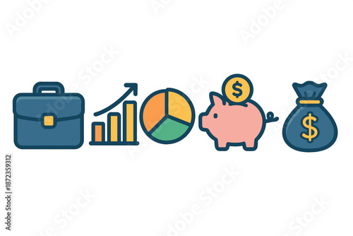 Business and finance icons showing growth, savings, and investment strategies in a simple graphic layout for instructional use