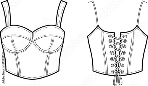Women corset top technical fashion illustration showing front and back views, lace-up back detail, structured bustier design, flat apparel line art vector