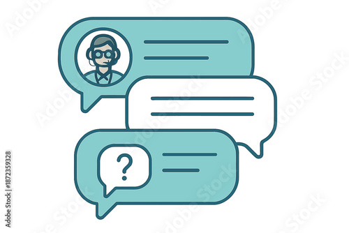 People engaging in online conversations with speech bubbles and a question mark in a digital setting
