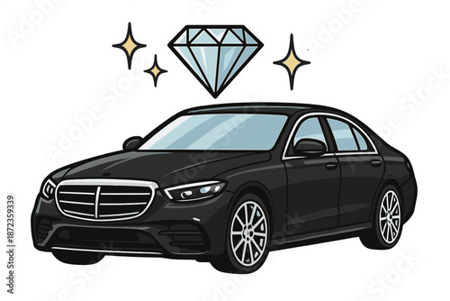 Black car with diamond graphic and stars in a simple design on a white background
