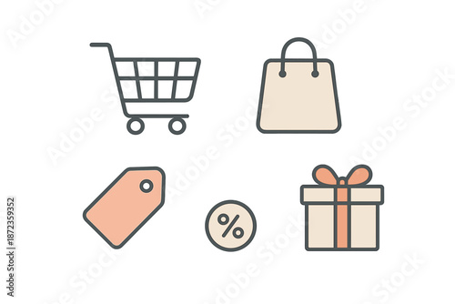 Shopping cart and icons for sale, discount, gift, and purchase present in simple design