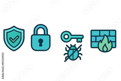 Security symbols showing protection, access control, and threats in a digital environment with icons arranged in a row