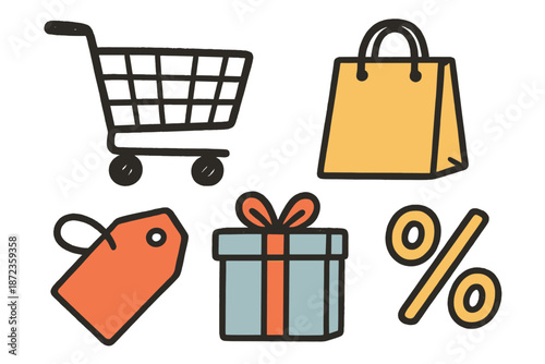 Shopping symbols with a cart, bags, a tag, a gift, and a percent sign for discounts in a simple design