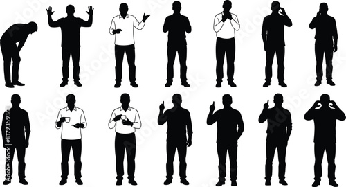 Male silhouettes showing different gestures and actions, communication body language concept isolated on white background illustration set