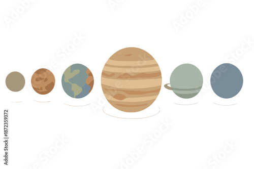 Solar system planets arranged from closest to farthest from the sun in a simple style showing their distinct shapes