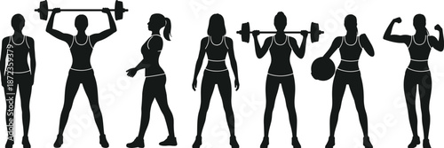 Women Fitness Workout Silhouette Illustration Set Showing Strength Training Exercises with Dumbbells and Barbells Isolated on White Background