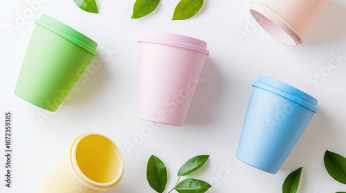 Wallpaper Mural Colorful cups arranged on white surface with green leaves, showcasing vibrant and playful design. Perfect for various occasions Torontodigital.ca