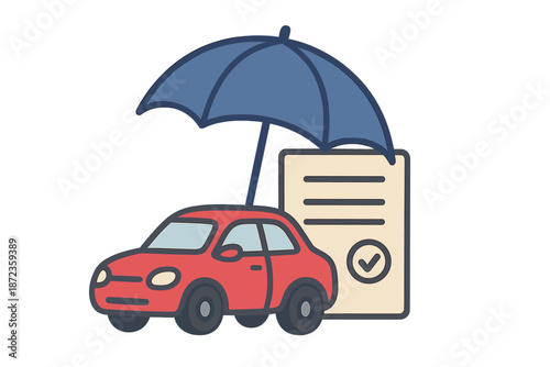 Car under umbrella with insurance document in a simple design