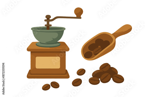 Coffee grinder and beans are placed on a table with a scoop next to them, showing the process of making coffee at home