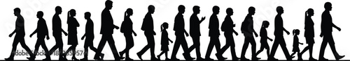People silhouettes walking in crowd line, men women and children daily movement lifestyle concept isolated on white background