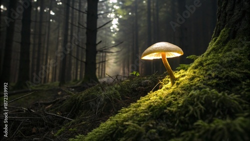 Close up Glowing Golden Mushroom Standing Alone in Dark Forest Fantasy Environment