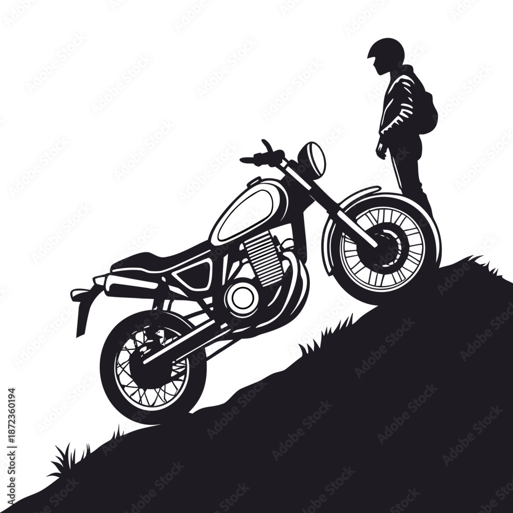 Fototapeta premium Man admiring motorcycle on hill