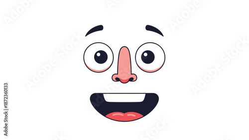 Expressive cartoon face with wide eyes and a large joyful open mouth, conveying happiness and excitement in a minimalist style.