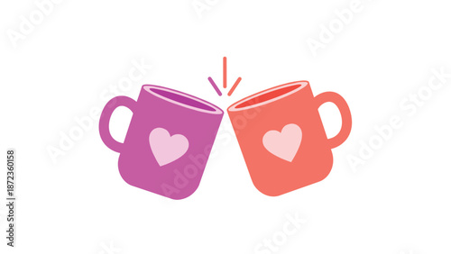Two colorful mugs featuring heart symbols clinking together in a celebratory toast, representing friendship, love, or morning coffee.