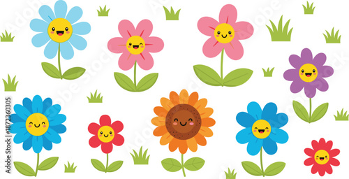 Cute cartoon flower character set collection with happy faces vector illustration isolated on white background for spring garden nature design