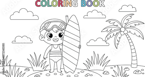 Cute cartoon little boy holding surfboard on beach with palm tree coloring book page for kids summer activity vector