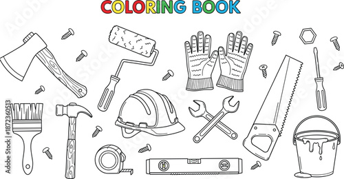 Construction tools collection coloring book page with helmet hammer saw and paint brush for kids repair activity vector illustration
