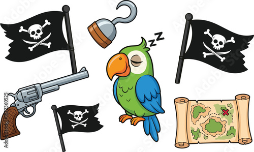 Colorful cartoon pirate set with sleeping parrot skull flags treasure map and vintage gun for kids adventure design vector illustration